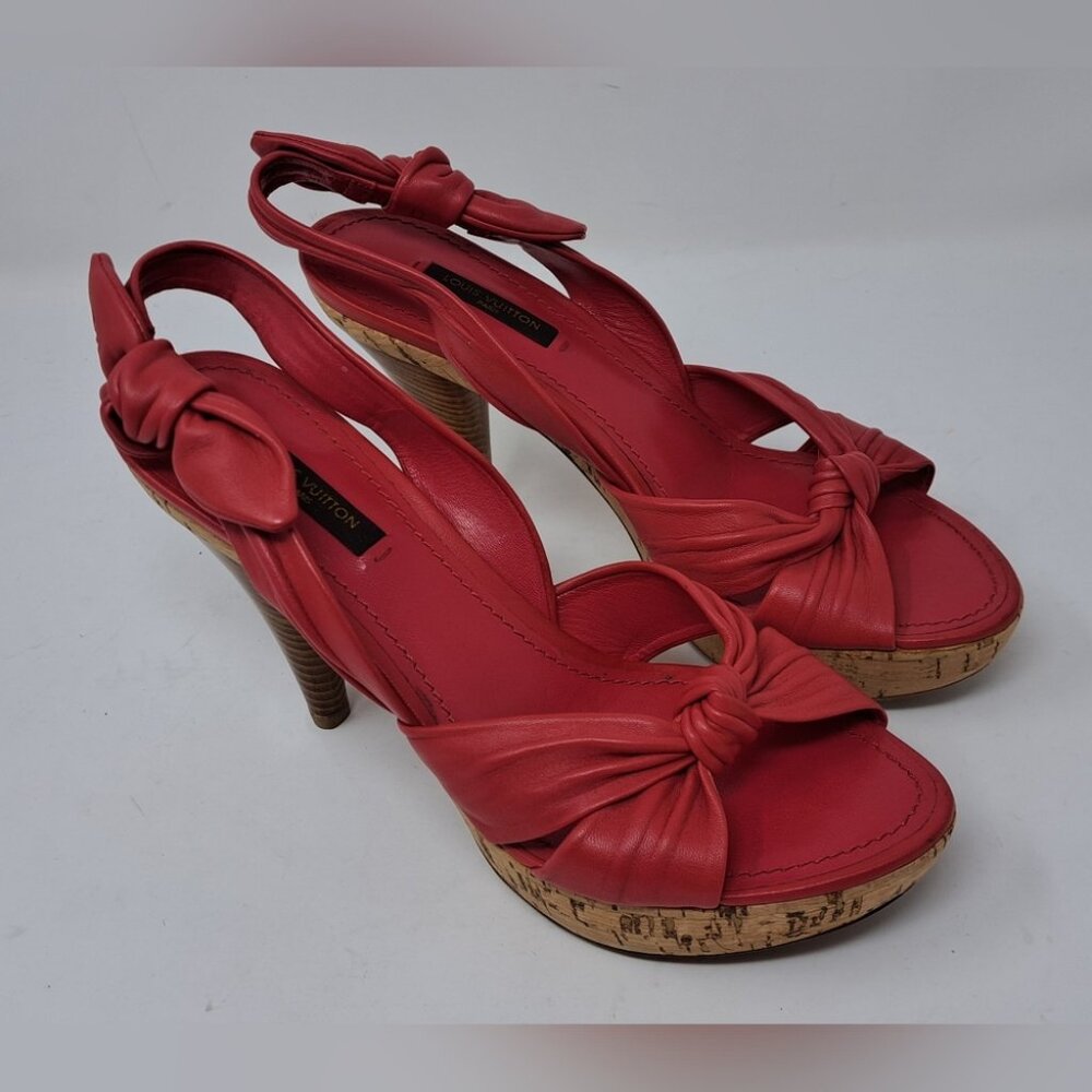 Louis Vuitton Red Leather Platform Slingback Sandals Deerskin Cork 37.5 EU / 7.5 - Picture 8 of 16